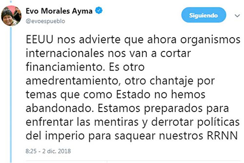 Evo Morales denuncia chantaje y amenazas del Gobierno estadounidense Presidente de Bolivia alerta contra injerencia de Estados Unidos